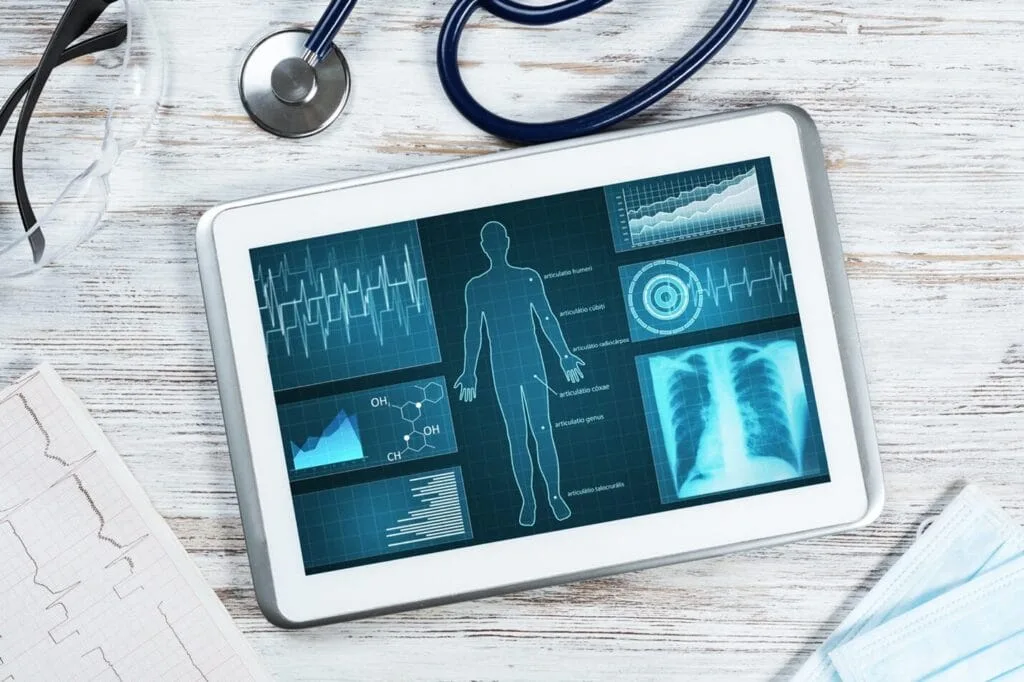 A tablet displaying pulmonary diagnostic imaging in a medical office.