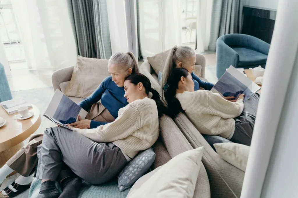 Mother and adult child reviewing financial plan