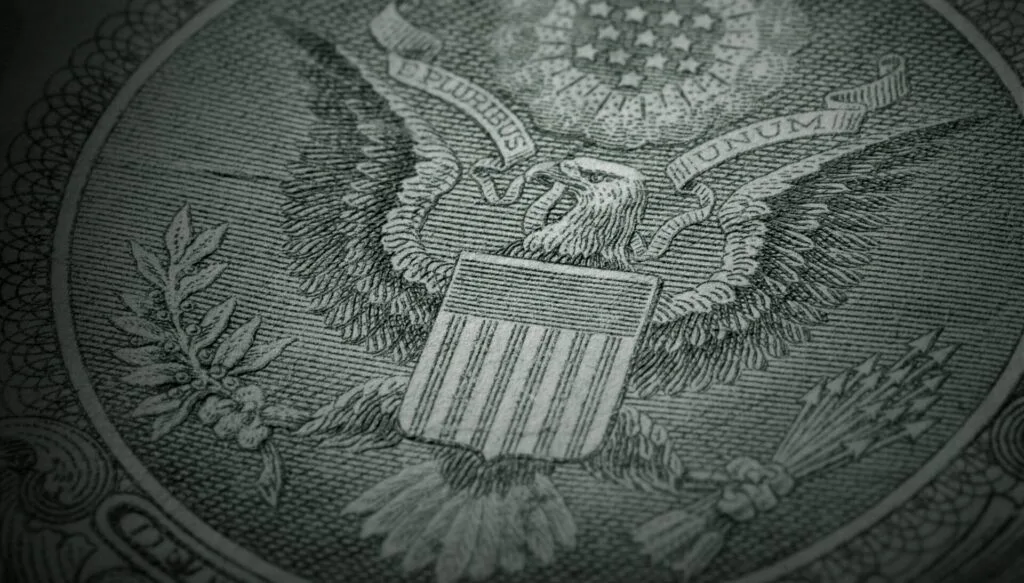 Macro shot of the Great Seal of the U.S. on the back of the one dollar bill