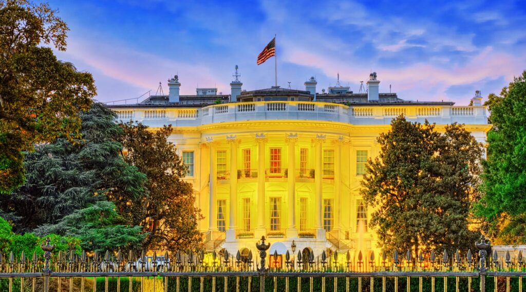 The White House at evening time. Washington, United States of America.